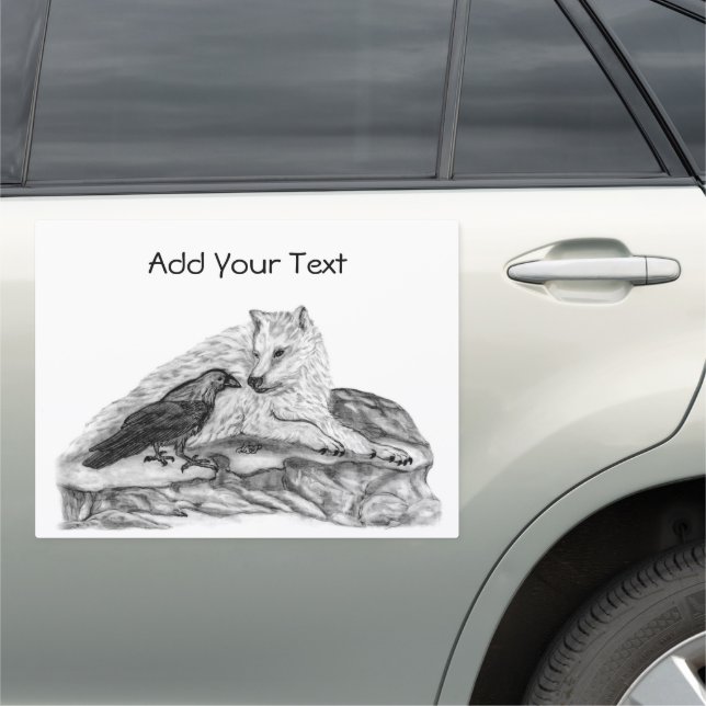 Wolf and Raven - Black and White Design Car Magnet (In Situ)