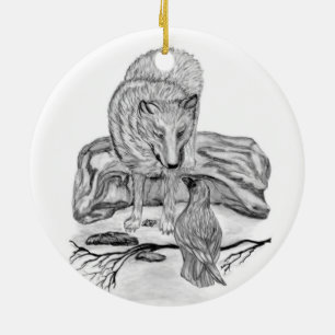 Wolf and Raven black and white design Ceramic Ornament