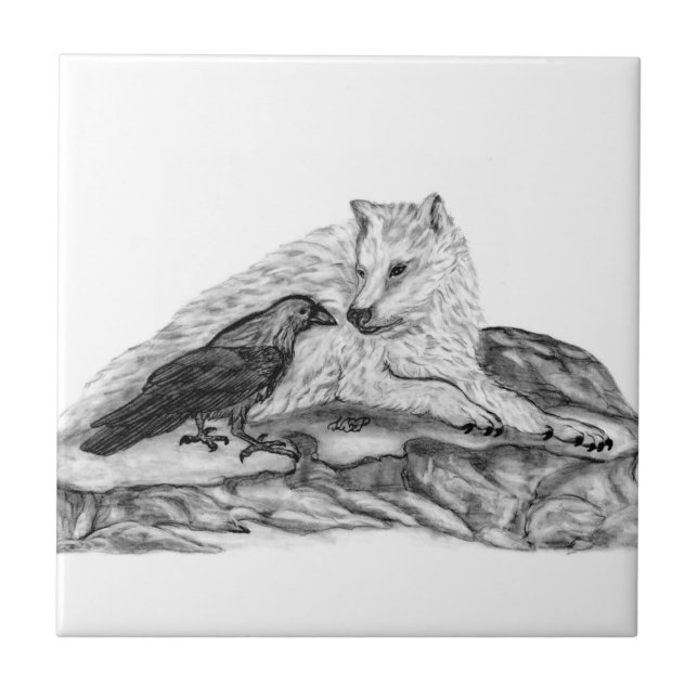 Wolf and Raven black and white design Ceramic Tile (Front)