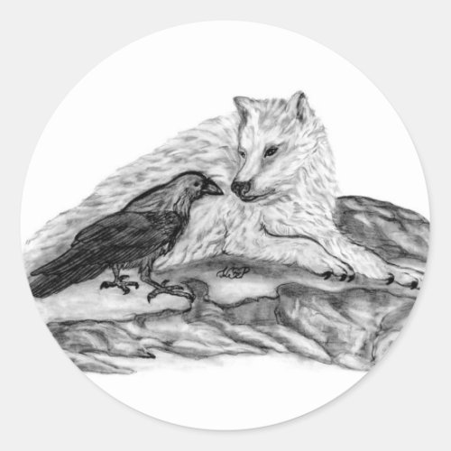 Wolf and Raven black and white design Classic Round Sticker
