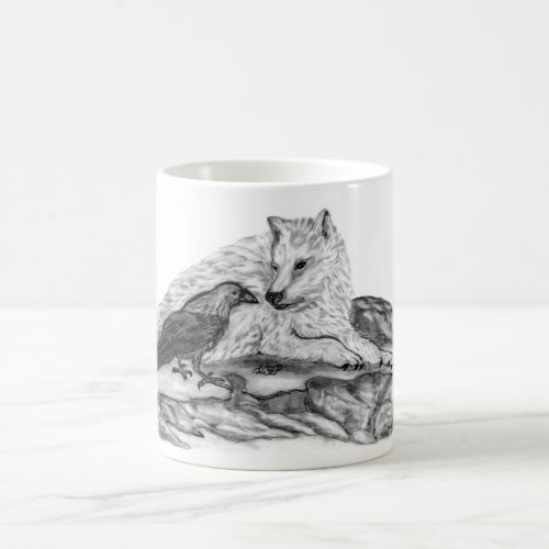 Wolf and Raven _ Black and White Design Coffee Mug