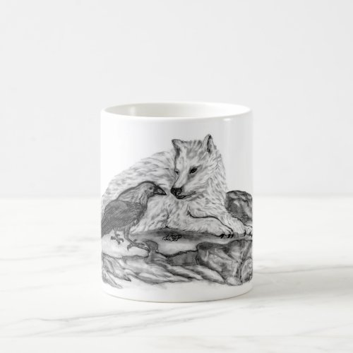 Wolf and Raven _ Black and White Design Coffee Mug