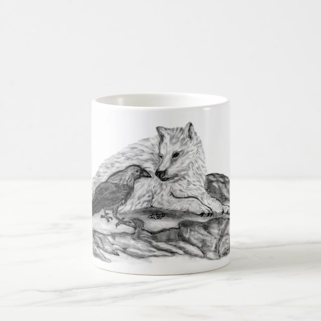Wolf and Raven - Black and White Design Coffee Mug (Center)