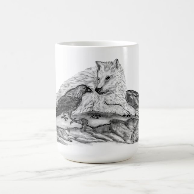 Wolf and Raven - Black and White Design Coffee Mug (Center)