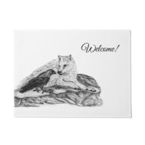 Wolf and Raven - Black and White Design Doormat
