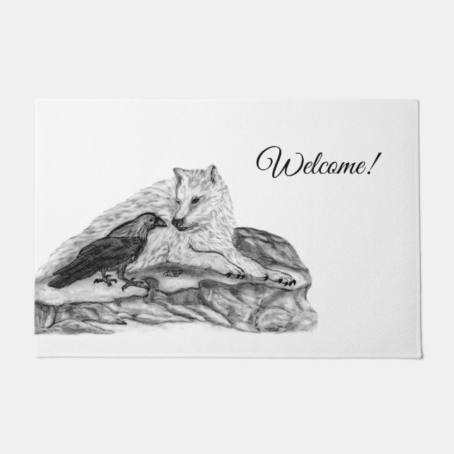 Wolf and Raven - Black and White Design Doormat (Front)