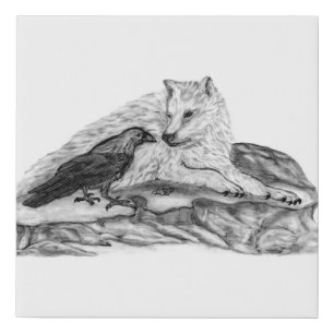 Wolf and Raven - Black and White Design Faux Canvas Print