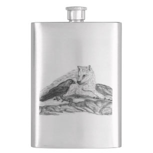 Wolf and Raven black and white design Flask