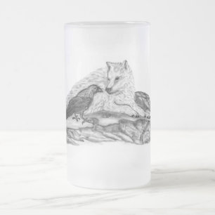 Wolf and Raven - Black and White Design Frosted Glass Beer Mug