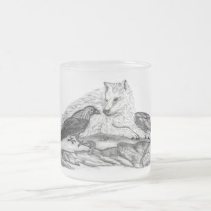 Wolf and Raven - Black and White Design Frosted Glass Coffee Mug