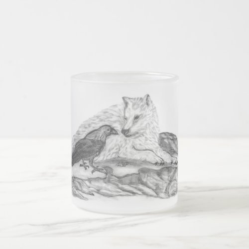 Wolf and Raven _ Black and White Design Frosted Glass Coffee Mug