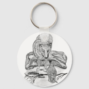 Wolf and Raven black and white design Keychain