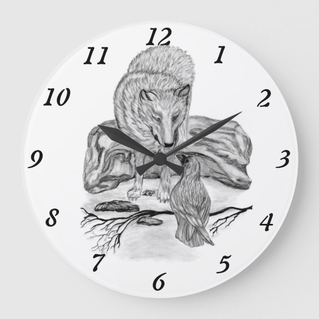 Wolf and Raven black and white design Large Clock (Front)