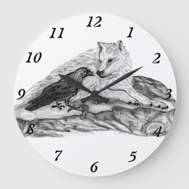 Wolf and Raven black and white design Large Clock (Front)