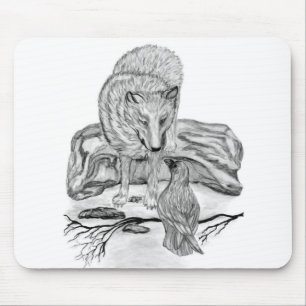 Wolf and Raven black and white design Mouse Pad