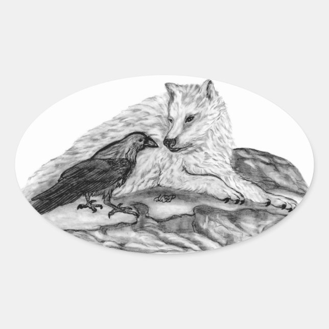 Wolf and Raven black and white design Oval Sticker (Front)