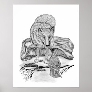 Wolf and Raven black and white design Poster