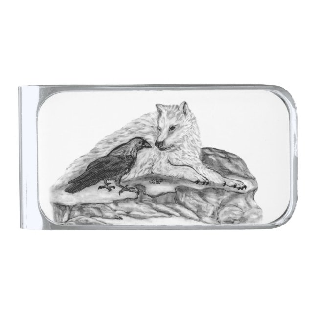 Wolf and Raven black and white design Silver Finish Money Clip (Front)