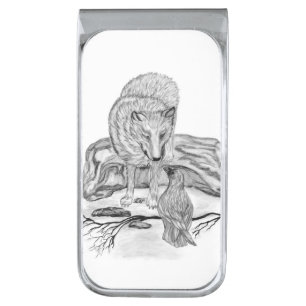 Wolf and Raven black and white design Silver Finish Money Clip
