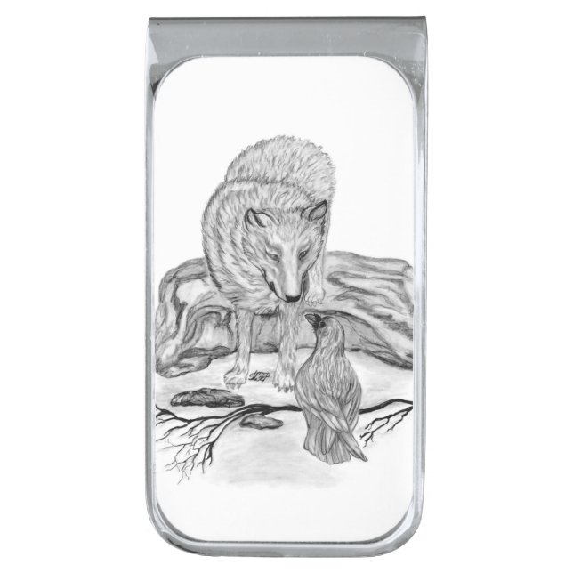 Wolf and Raven black and white design Silver Finish Money Clip (Front Vertical)