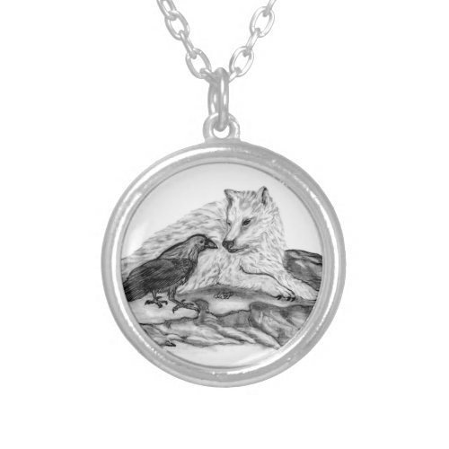 Wolf and Raven black and white design Silver Plated Necklace
