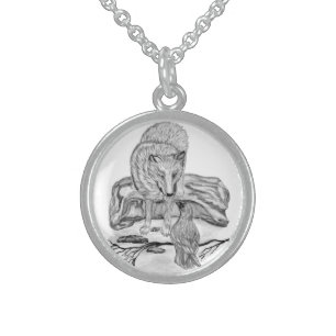 Wolf and Raven black and white design Sterling Silver Necklace