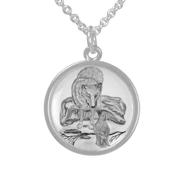 Wolf and Raven black and white design Sterling Silver Necklace (Front)