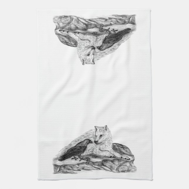 Wolf and Raven black and white design Towel (Vertical)