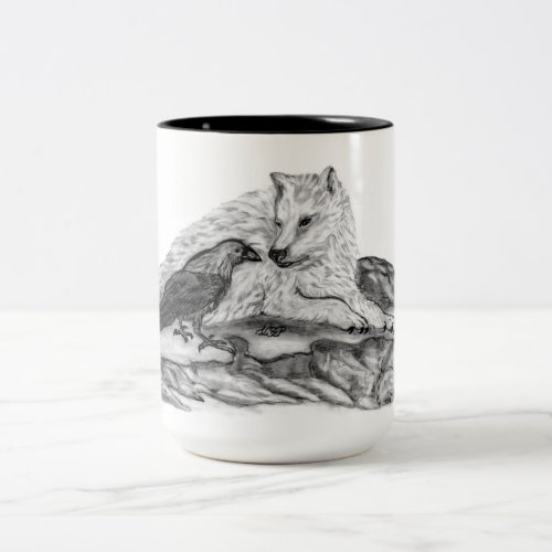 Wolf and Raven _ Black and White Design Two_Tone Coffee Mug