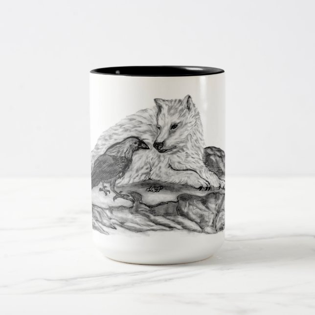 Wolf and Raven - Black and White Design Two-Tone Coffee Mug (Center)