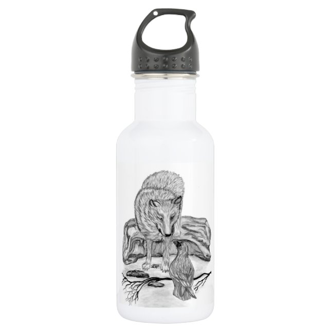 Wolf and Raven black and white design Water Bottle (Front)