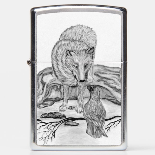 Wolf and Raven - Black and White Design Zippo Lighter (Front)