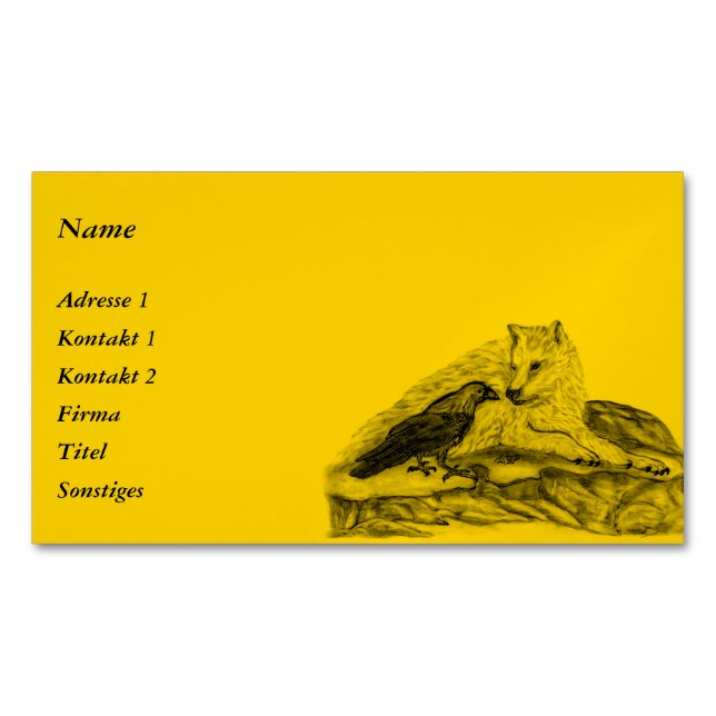 Wolf and Raven - Black and Yellow Design Business Card Magnet (Front)