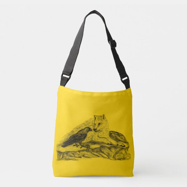 Wolf and Raven -  Black and Yellow Design Crossbody Bag (Front)