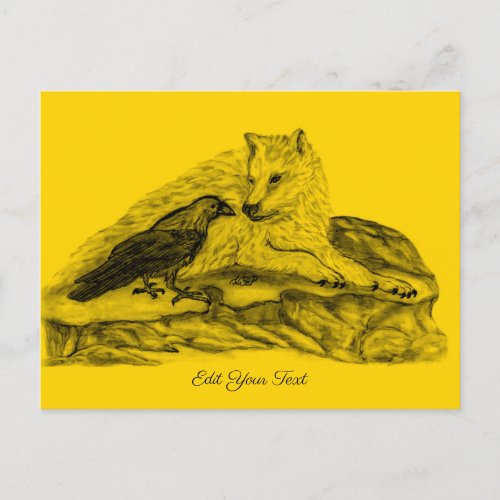 Wolf and Raven _ Black and Yellow Design Postcard