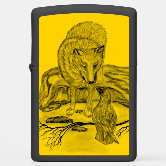 Wolf and Raven - Black and Yellow Design Zippo Lighter (Front)