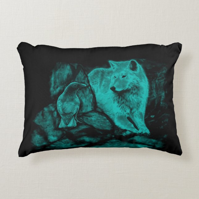 Wolf and Raven in the Night Accent Pillow (Front)