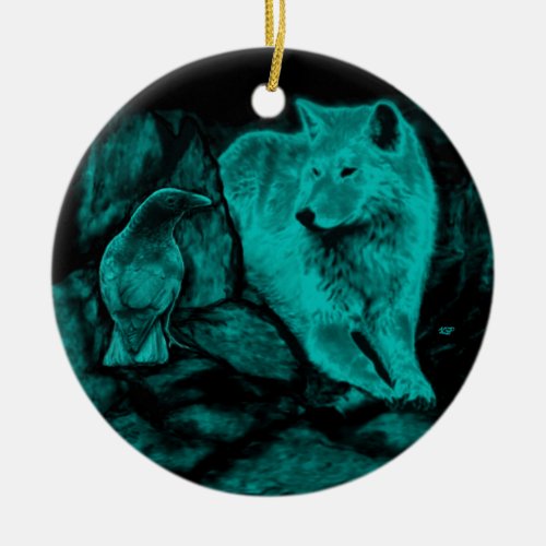 Wolf and Raven in the Night Ceramic Ornament