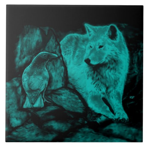 Wolf and Raven in the Night Ceramic Tile