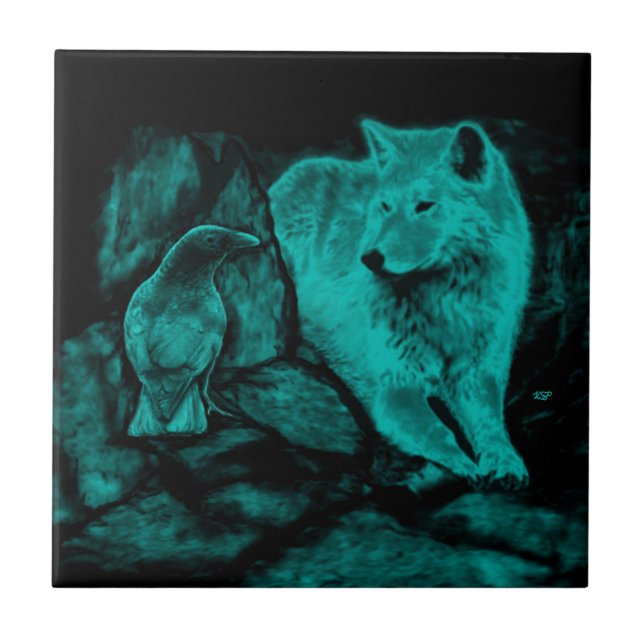Wolf and Raven in the Night Ceramic Tile (Front)