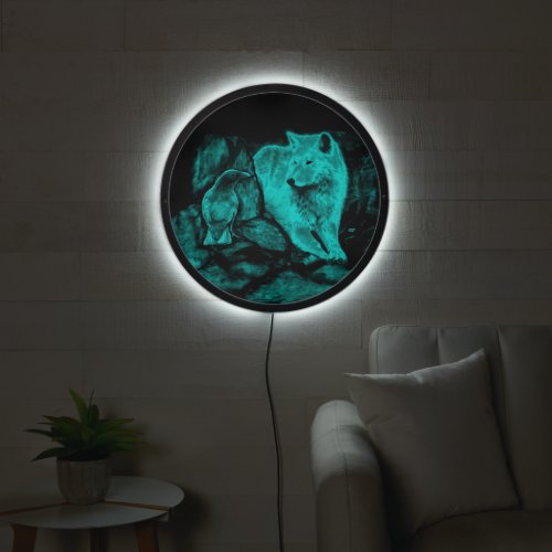 Wolf and Raven in the Night LED Sign