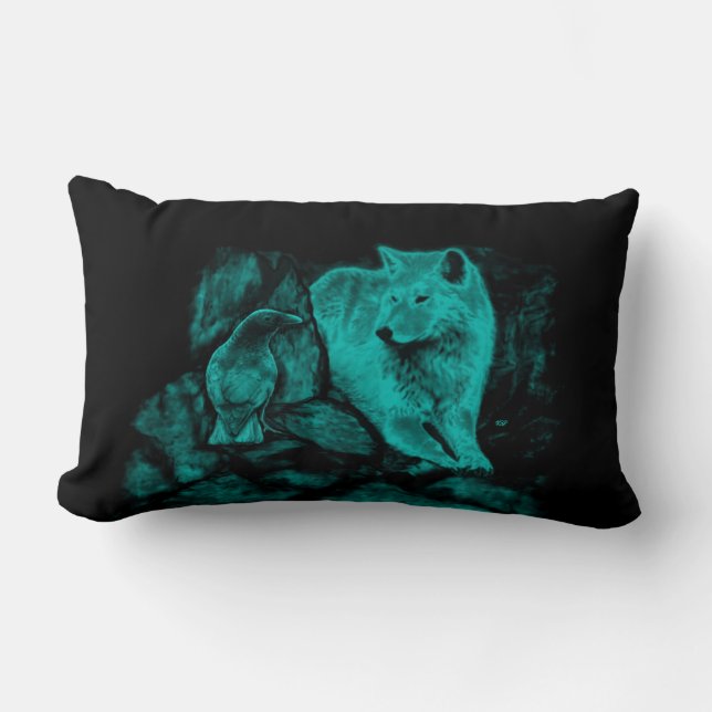 Wolf and Raven in the Night Lumbar Pillow (Front)