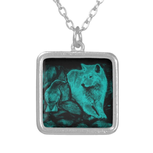 Wolf and Raven in the Night Silver Plated Necklace (Front)