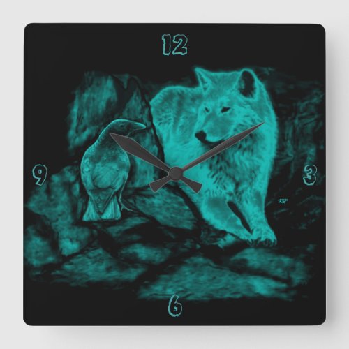 Wolf and Raven in the Night Square Wall Clock