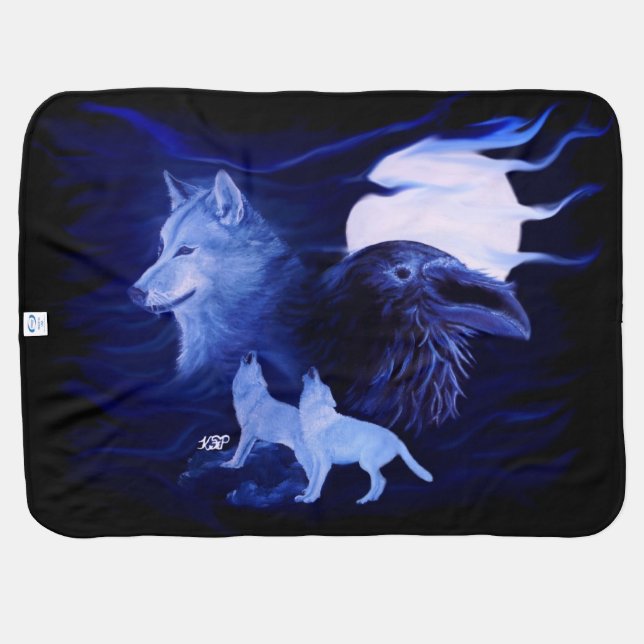 Wolf and Raven in the Night Swaddle Blanket (Back Horizontal)