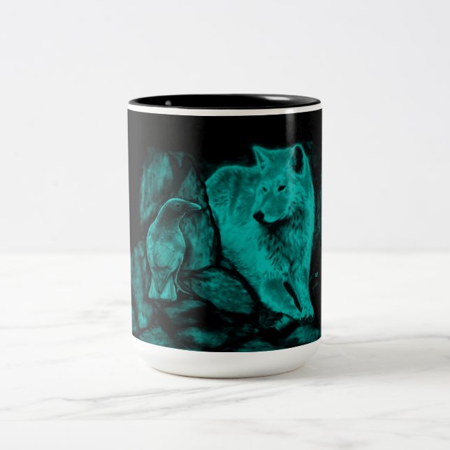 Wolf and Raven in the Night Two-Tone Coffee Mug (Center)