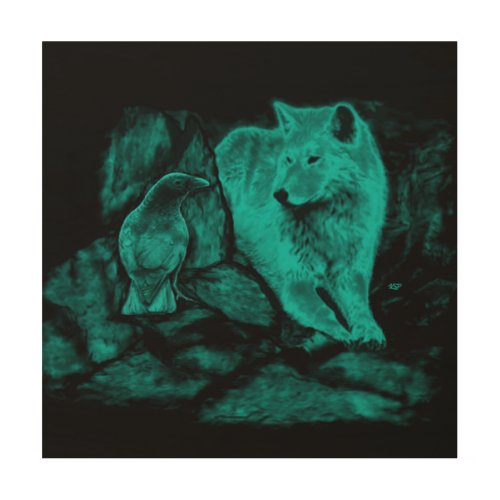 Wolf and Raven in the Night Wood Wall Decor