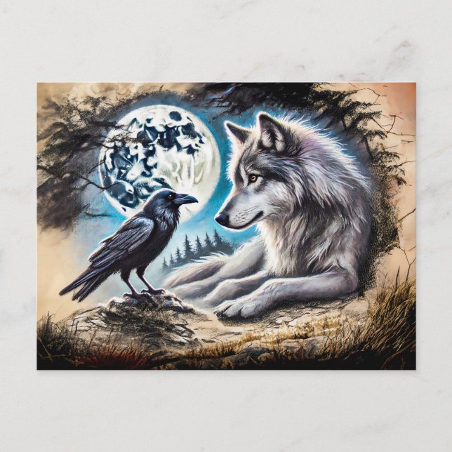 Wolf and Raven on Rock at Full Moon Postcard (Front)
