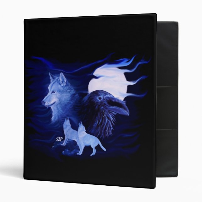 Wolf and Raven with full moon 3 Ring Binder (Front/Inside)