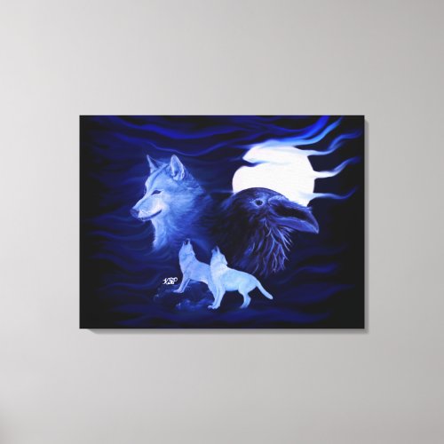 Wolf and Raven with full moon Canvas Print